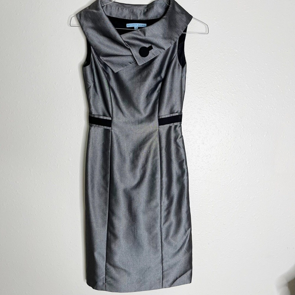 Antonio Melani Gray Fold Over Neck  Black Trim Waist Lined  Side Zip Sz O